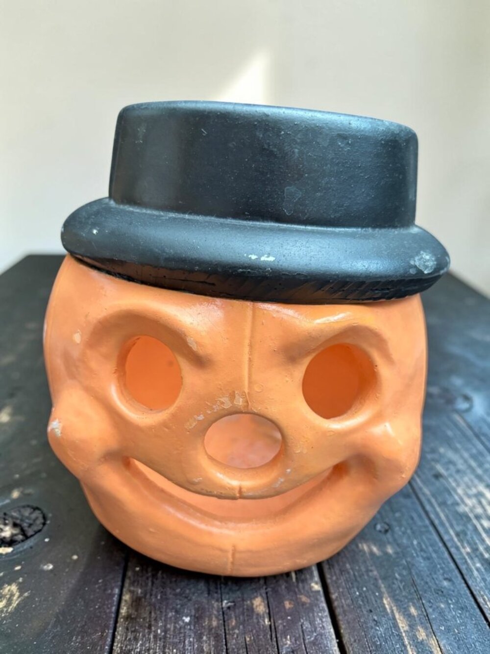 Vintage Waccamaw Ceramic Halloween Pumpkin With Black Hat Candle Holder